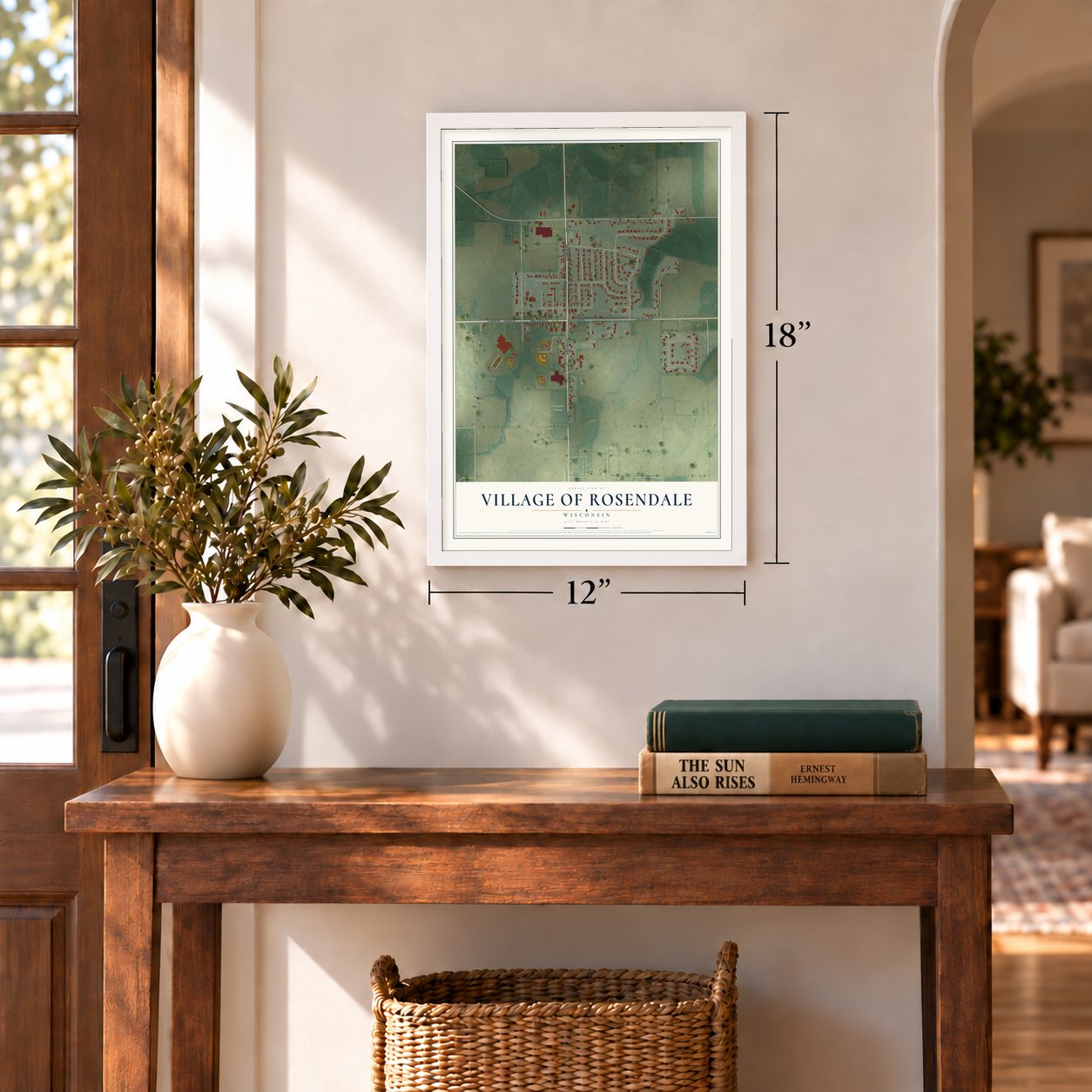 Rosendale, Wisconsin map, 12 x 18 inch print in a white frame in an entryway