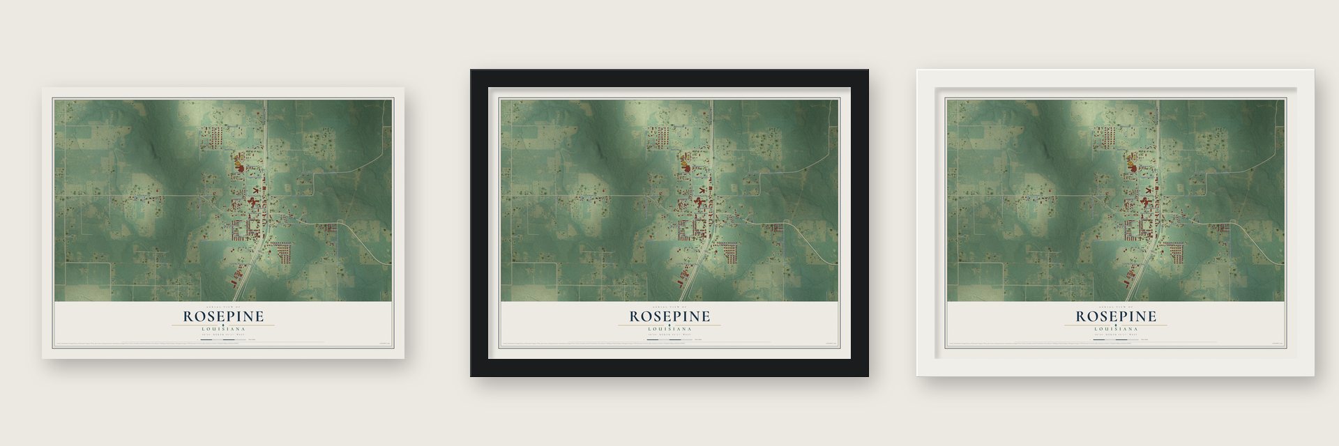 Rosepine, Louisiana map unframed, in a black wood frame and in a white wood frame
