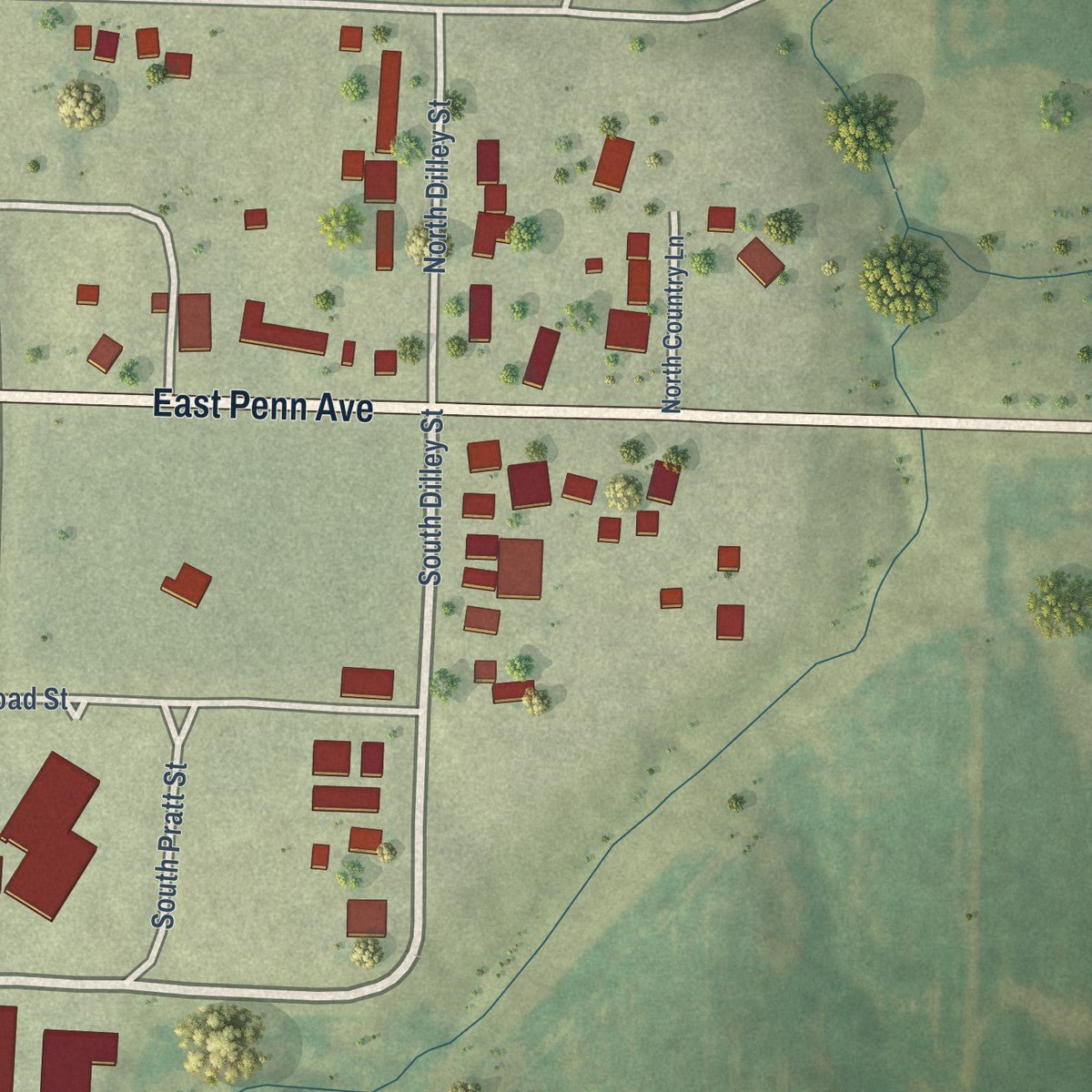 Second close-up of the map of Roseville, Illinois print showing more streets and buildings