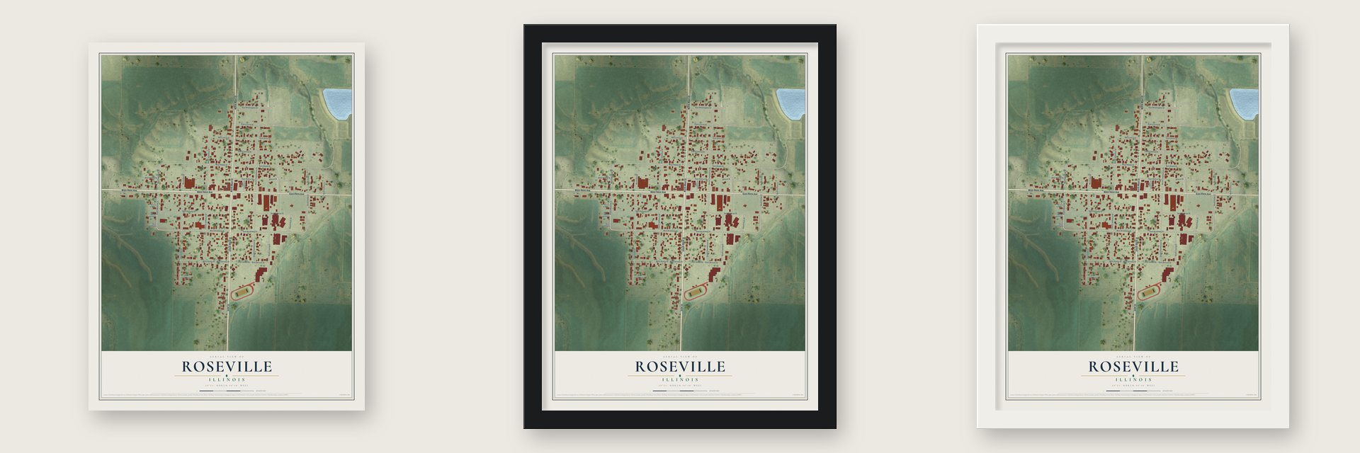 Roseville, Illinois map unframed, in a black wood frame and in a white wood frame