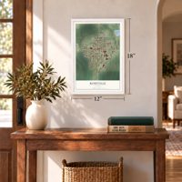 Roseville, Illinois map, 12 x 18 inch print in a white frame in an entryway