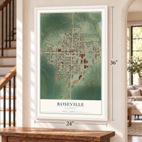 Roseville, Illinois map, 24 x 36 inch print in a white frame by a staircase