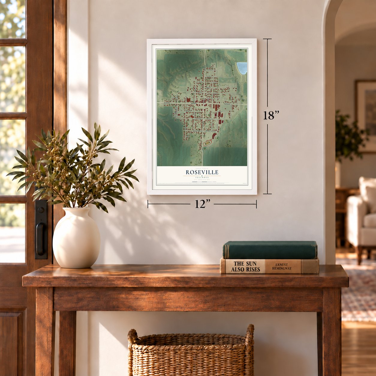 Roseville, Illinois map, 12 x 18 inch print in a white frame in an entryway