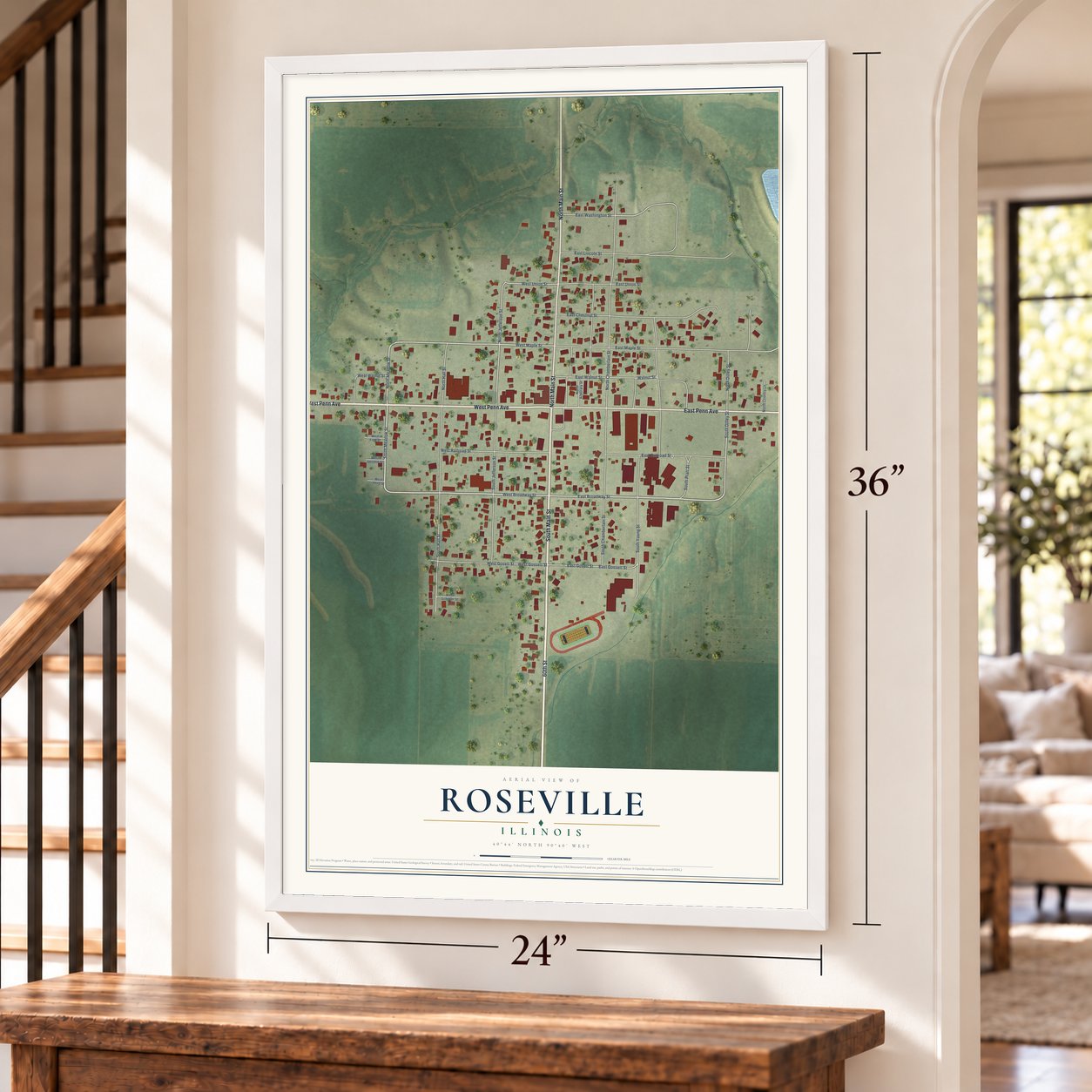 Roseville, Illinois map, 24 x 36 inch print in a white frame by a staircase
