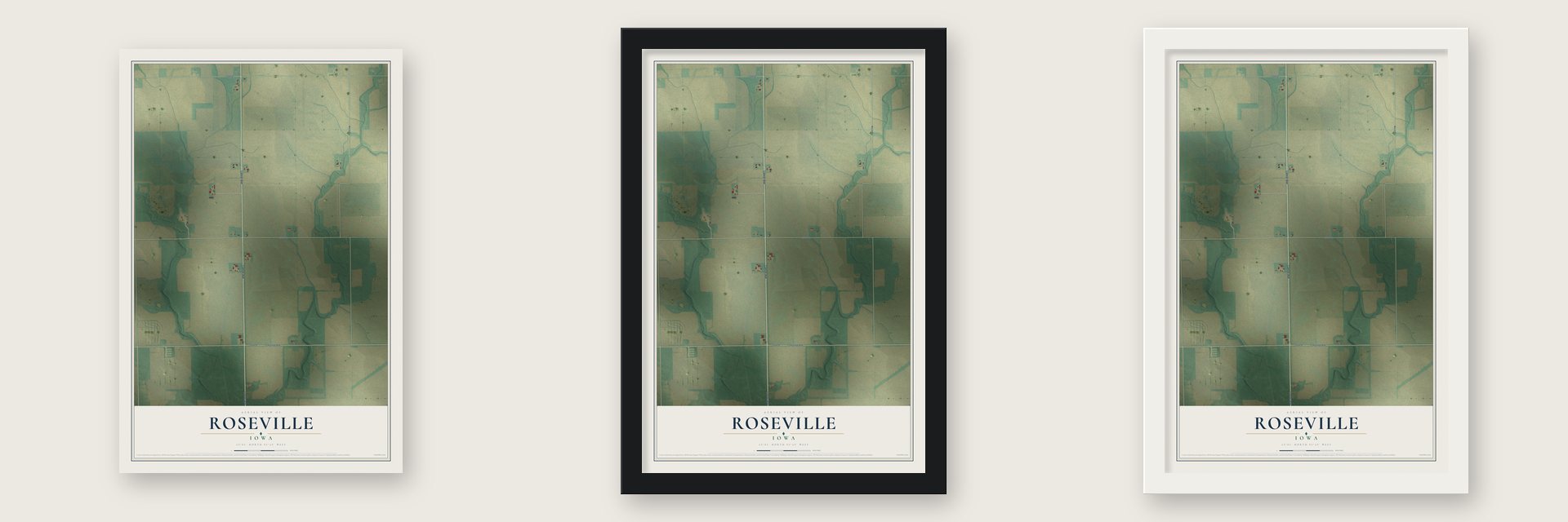 Roseville, Iowa map unframed, in a black wood frame and in a white wood frame