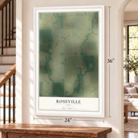 Roseville, Iowa map, 24 x 36 inch print in a white frame by a staircase