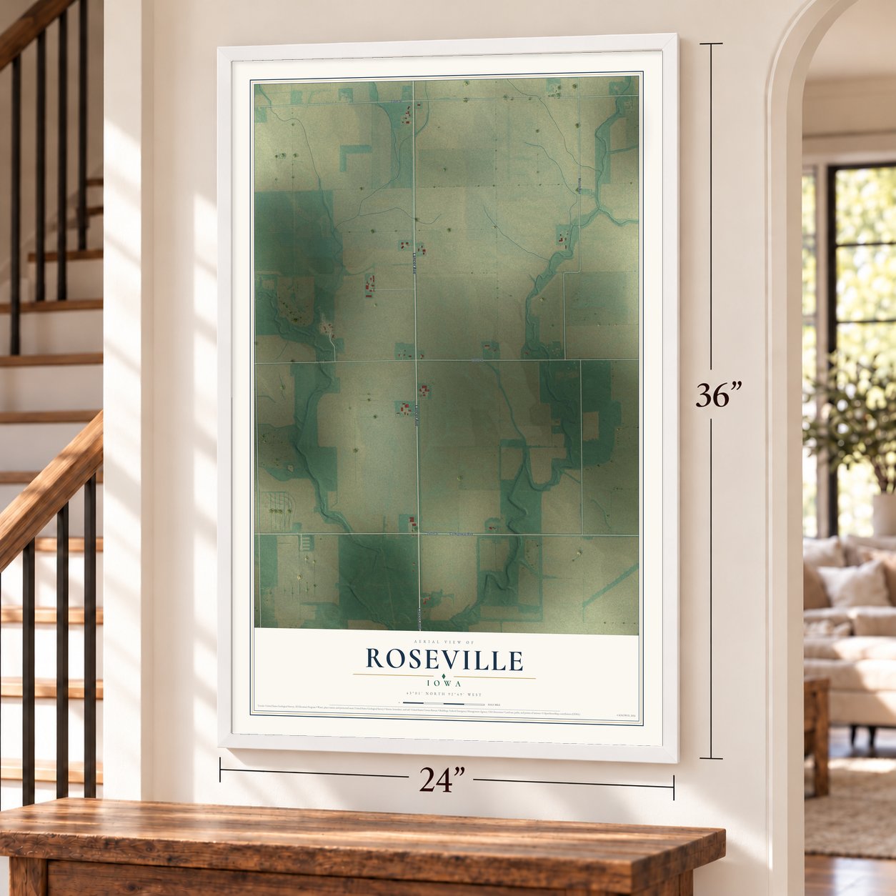 Roseville, Iowa map, 24 x 36 inch print in a white frame by a staircase