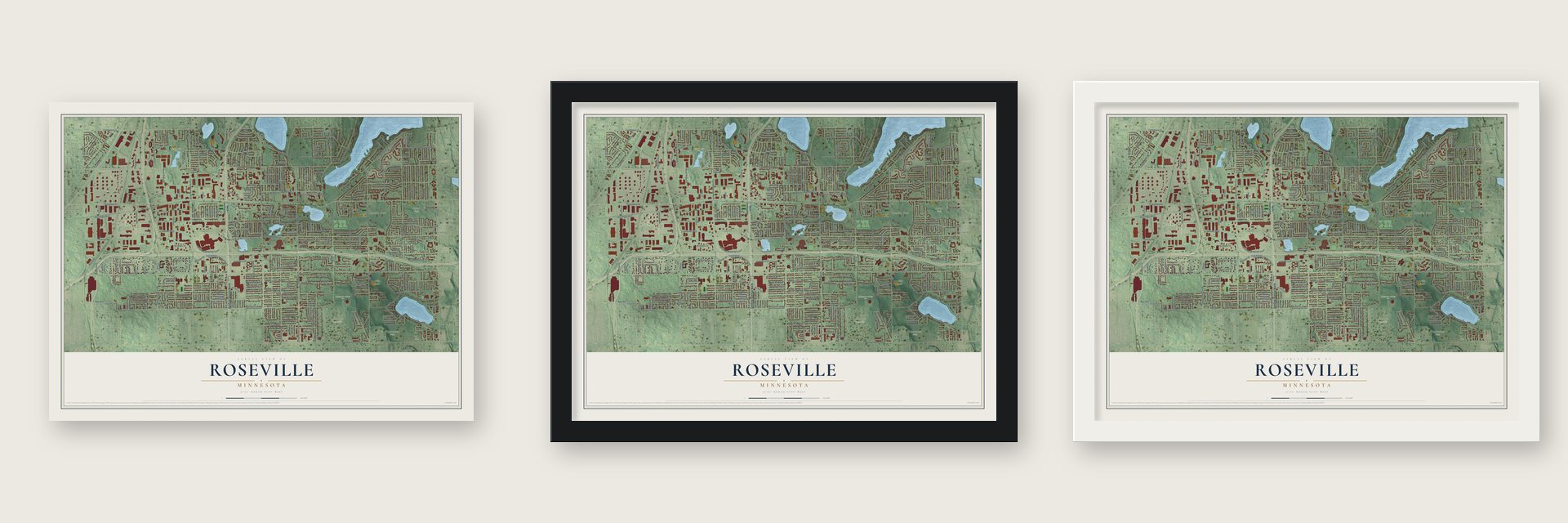 Roseville, Minnesota map unframed, in a black wood frame and in a white wood frame