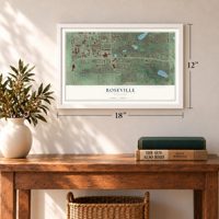 Roseville, Minnesota map, 12 x 18 inch print in a white frame in an entryway