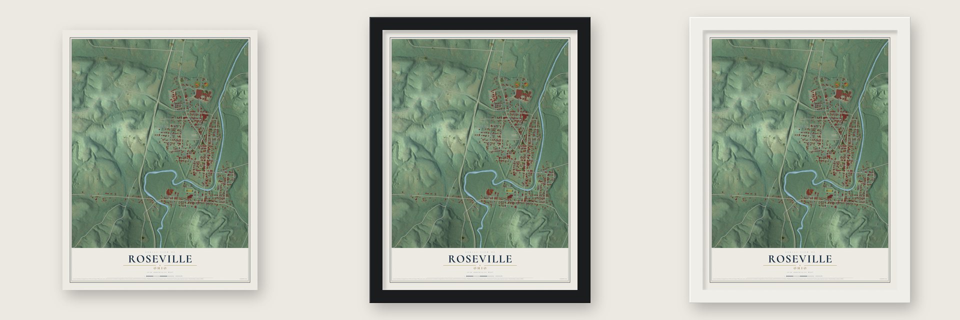 Roseville, Ohio map unframed, in a black wood frame and in a white wood frame