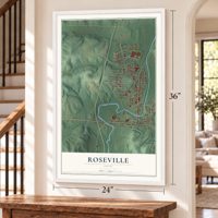 Roseville, Ohio map, 24 x 36 inch print in a white frame by a staircase