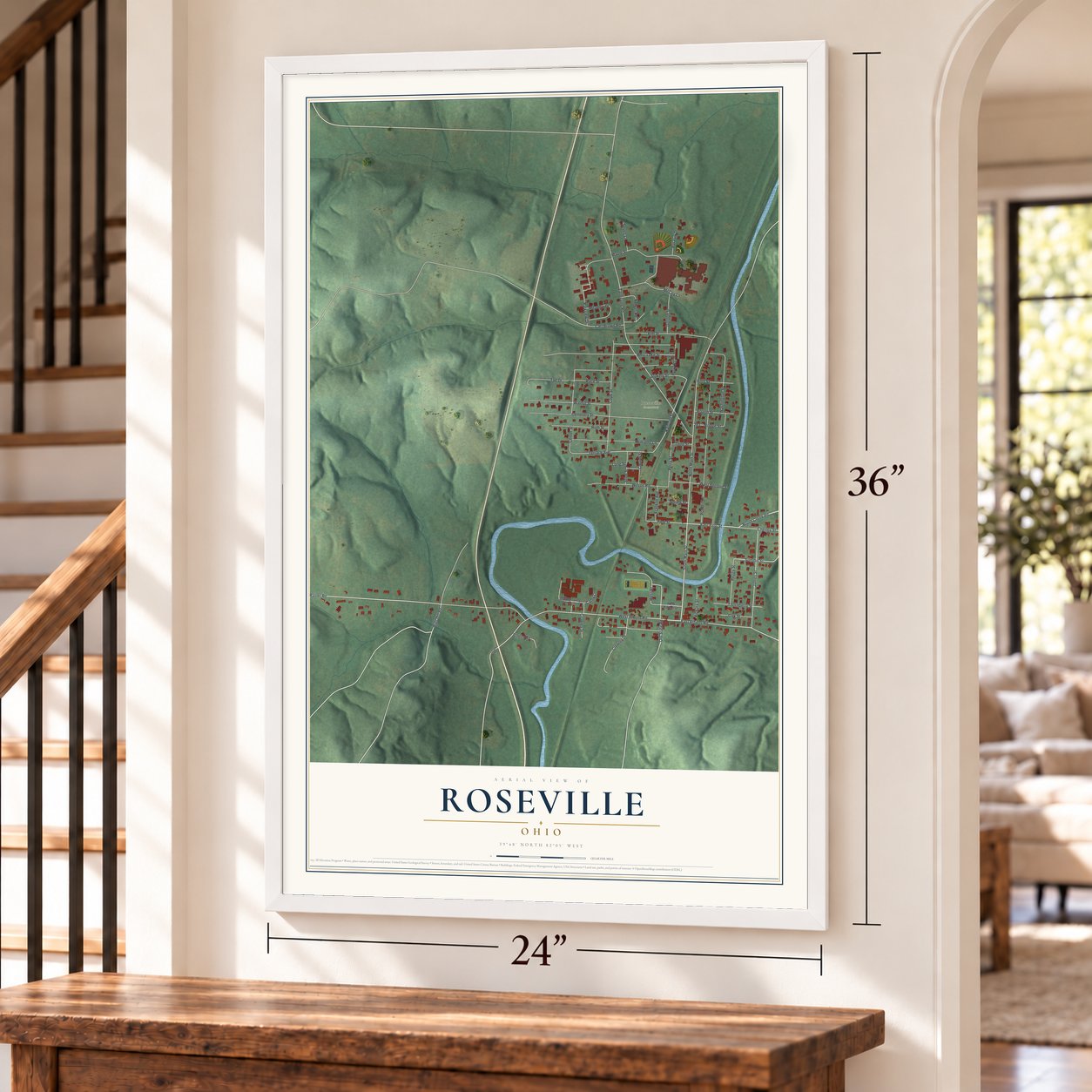 Roseville, Ohio map, 24 x 36 inch print in a white frame by a staircase