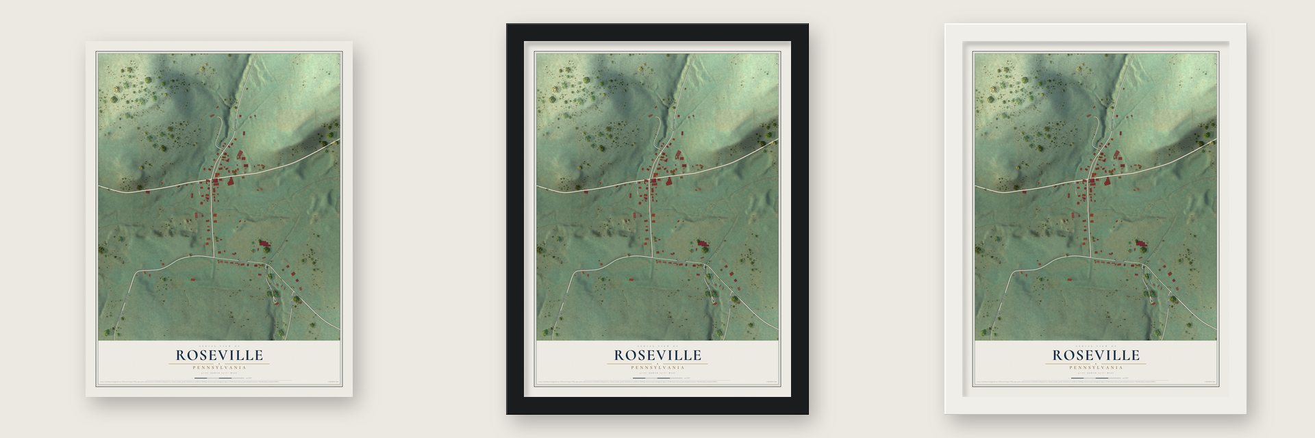 Roseville, Pennsylvania map unframed, in a black wood frame and in a white wood frame