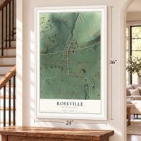 Roseville, Pennsylvania map, 24 x 36 inch print in a white frame by a staircase