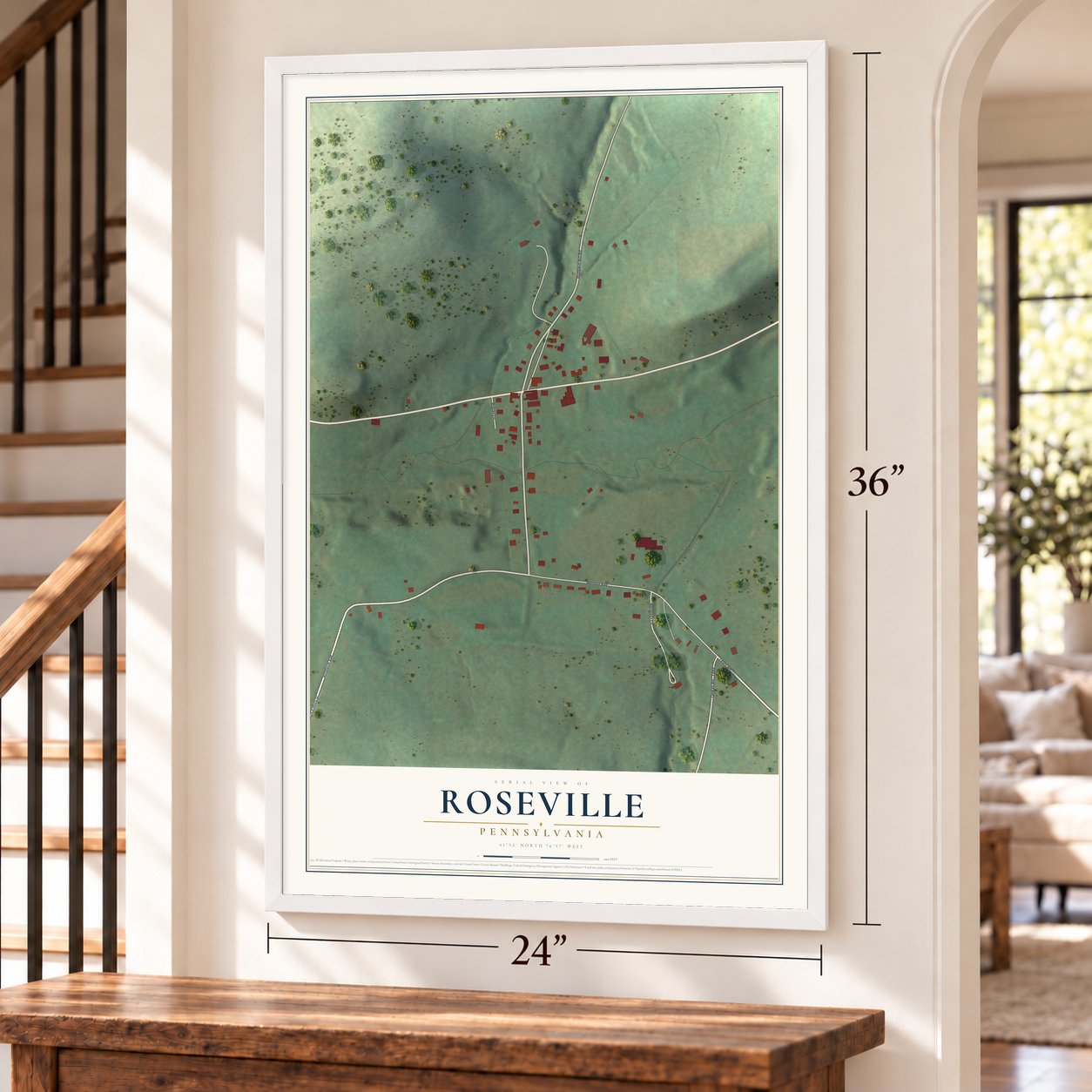 Roseville, Pennsylvania map, 24 x 36 inch print in a white frame by a staircase