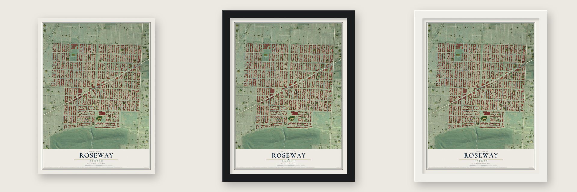 Roseway, Oregon map unframed, in a black wood frame and in a white wood frame