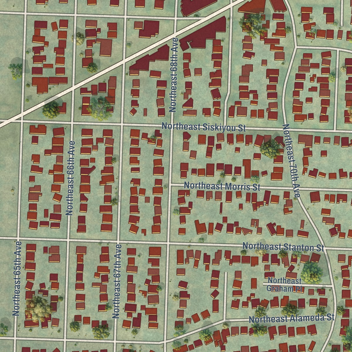 Second close-up of the map of Roseway, Oregon print showing more streets and buildings