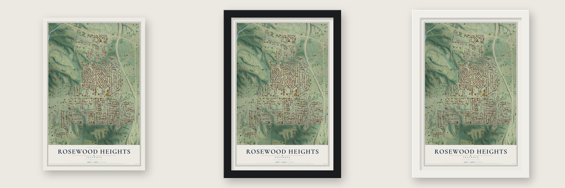 Rosewood Heights, Illinois map unframed, in a black wood frame and in a white wood frame