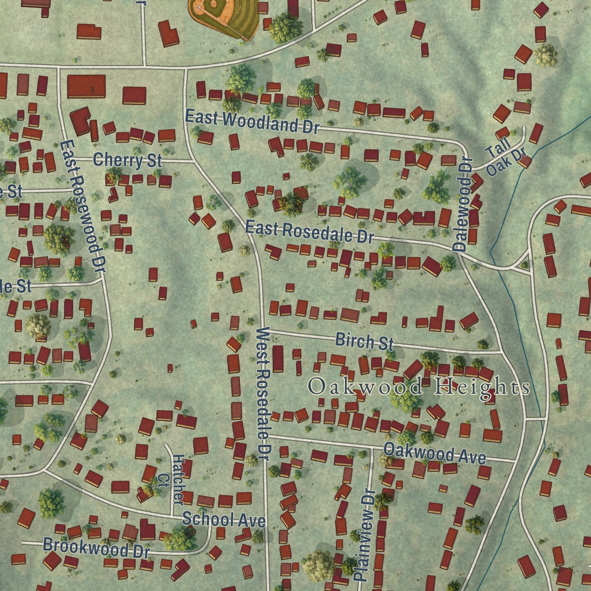 Second close-up of the map of Rosewood Heights, Illinois print showing more streets and buildings