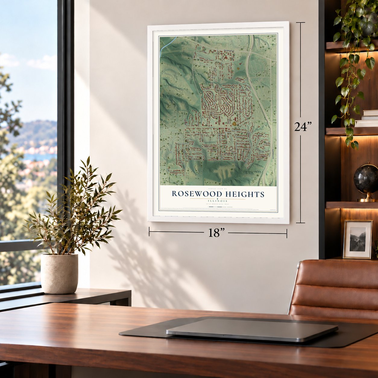 Rosewood Heights, Illinois map, 18 x 24 inch print in a white frame in a home office