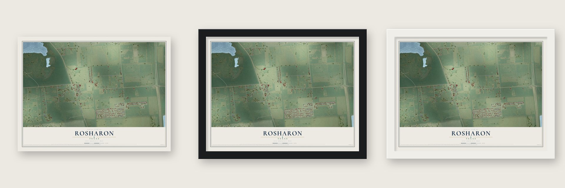 Rosharon, Texas map unframed, in a black wood frame and in a white wood frame