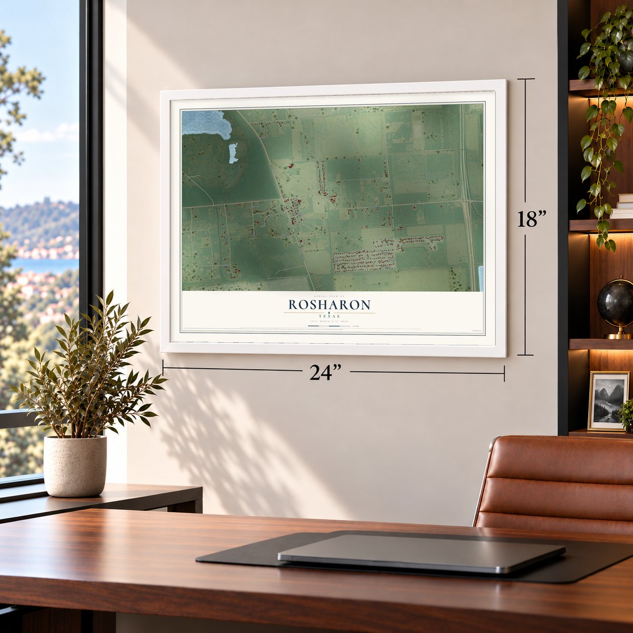 Rosharon, Texas map, 18 x 24 inch print in a white frame in a home office