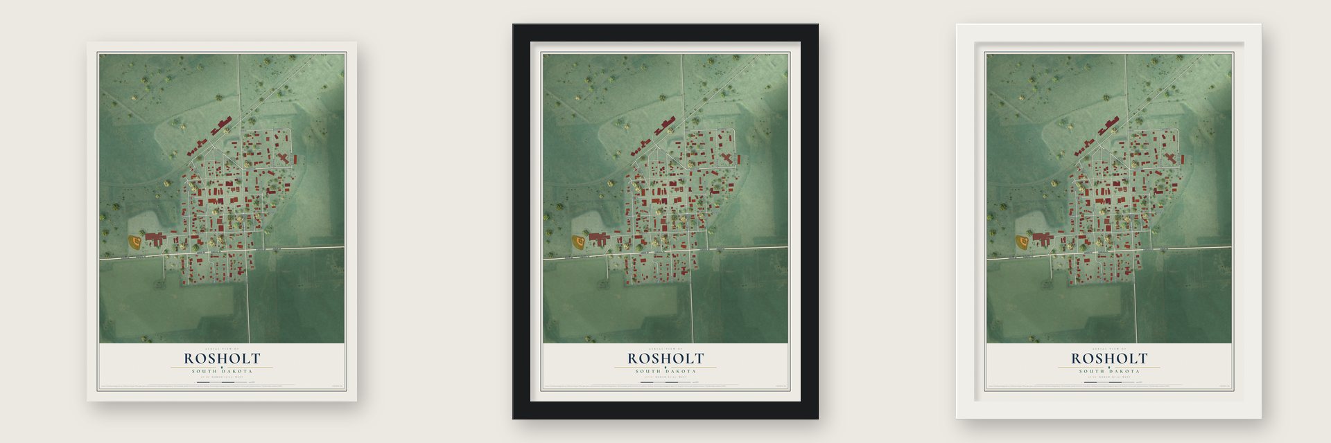 Rosholt, South Dakota map unframed, in a black wood frame and in a white wood frame