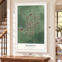 Rosholt, South Dakota map, 24 x 36 inch print in a white frame by a staircase