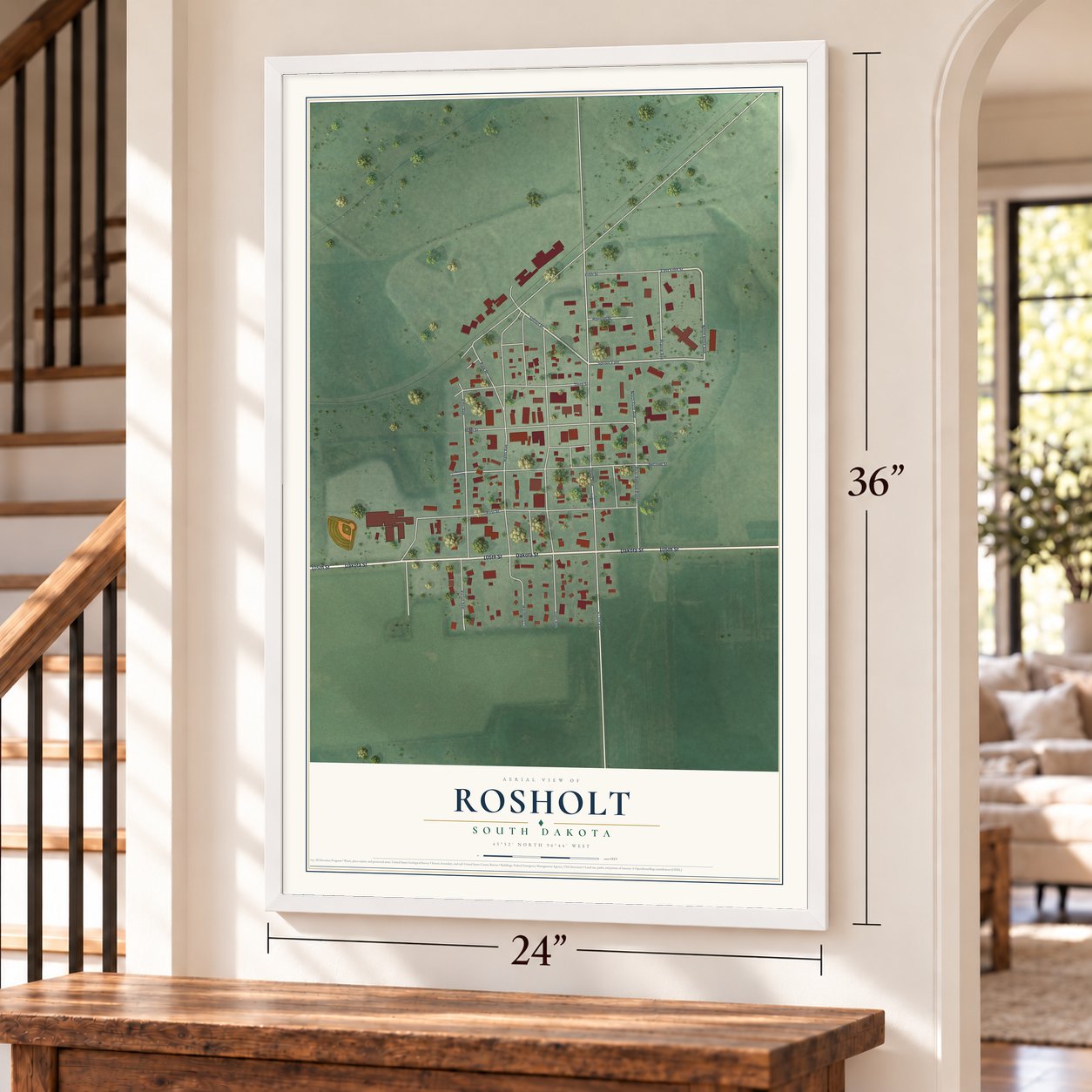 Rosholt, South Dakota map, 24 x 36 inch print in a white frame by a staircase