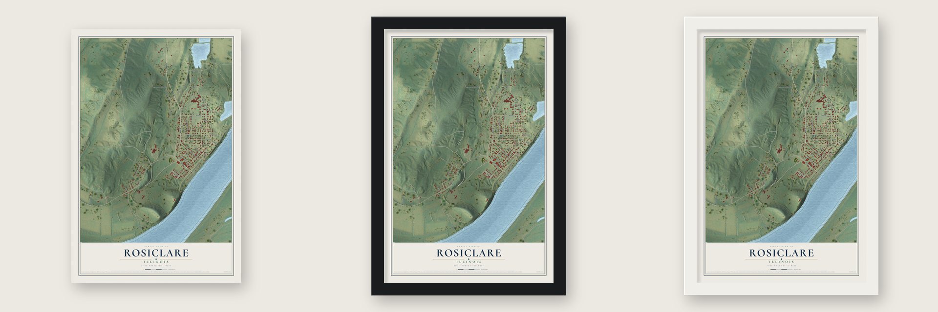 Rosiclare, Illinois map unframed, in a black wood frame and in a white wood frame