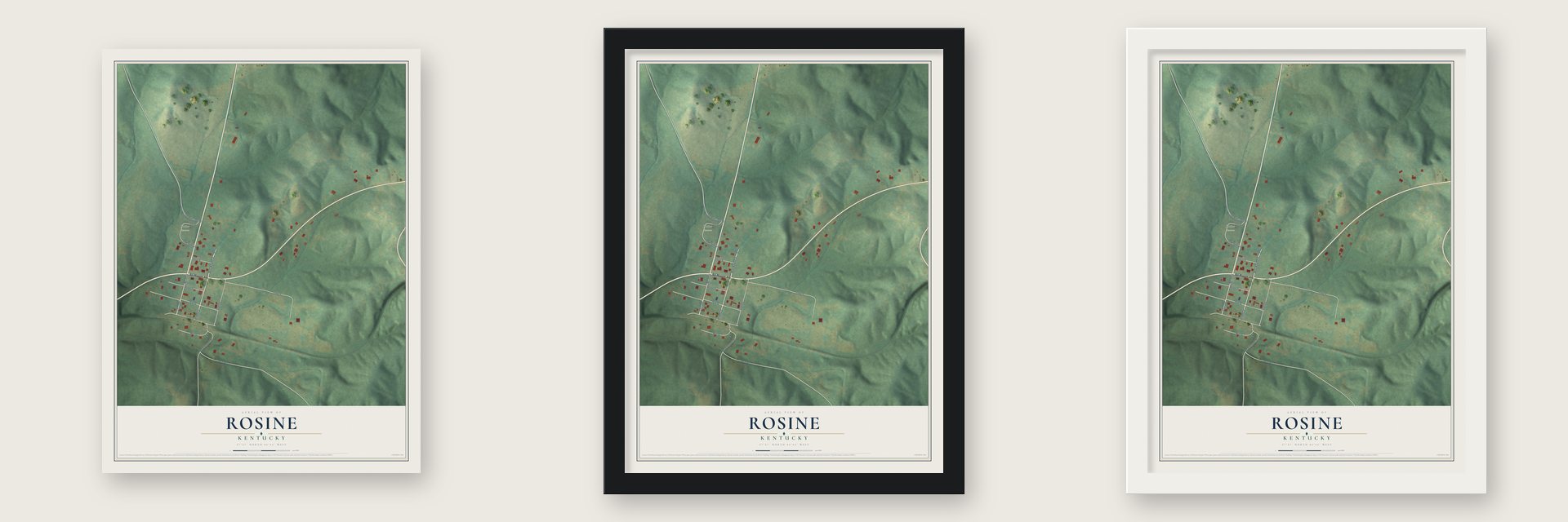 Rosine, Kentucky map unframed, in a black wood frame and in a white wood frame