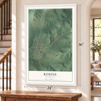 Rosine, Kentucky map, 24 x 36 inch print in a white frame by a staircase