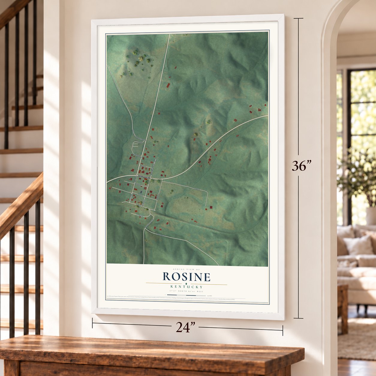 Rosine, Kentucky map, 24 x 36 inch print in a white frame by a staircase