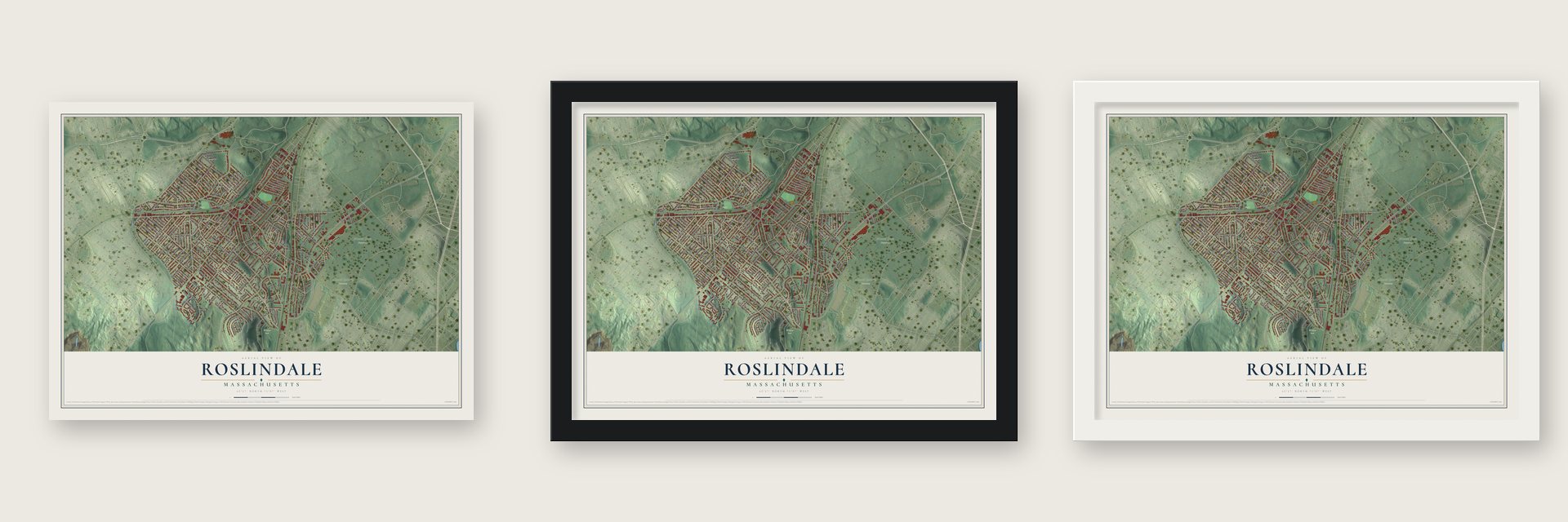 Roslindale, Massachusetts map unframed, in a black wood frame and in a white wood frame