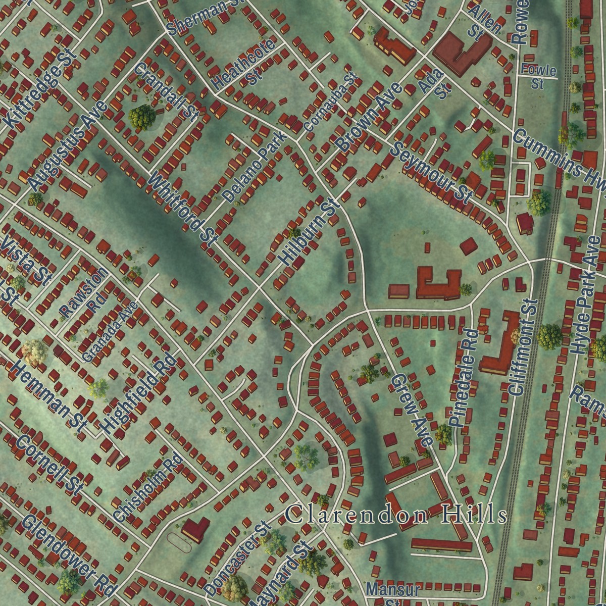 Second close-up of the map of Roslindale, Massachusetts print showing more streets and buildings