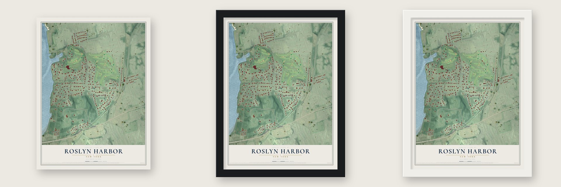 Roslyn Harbor, New York map unframed, in a black wood frame and in a white wood frame