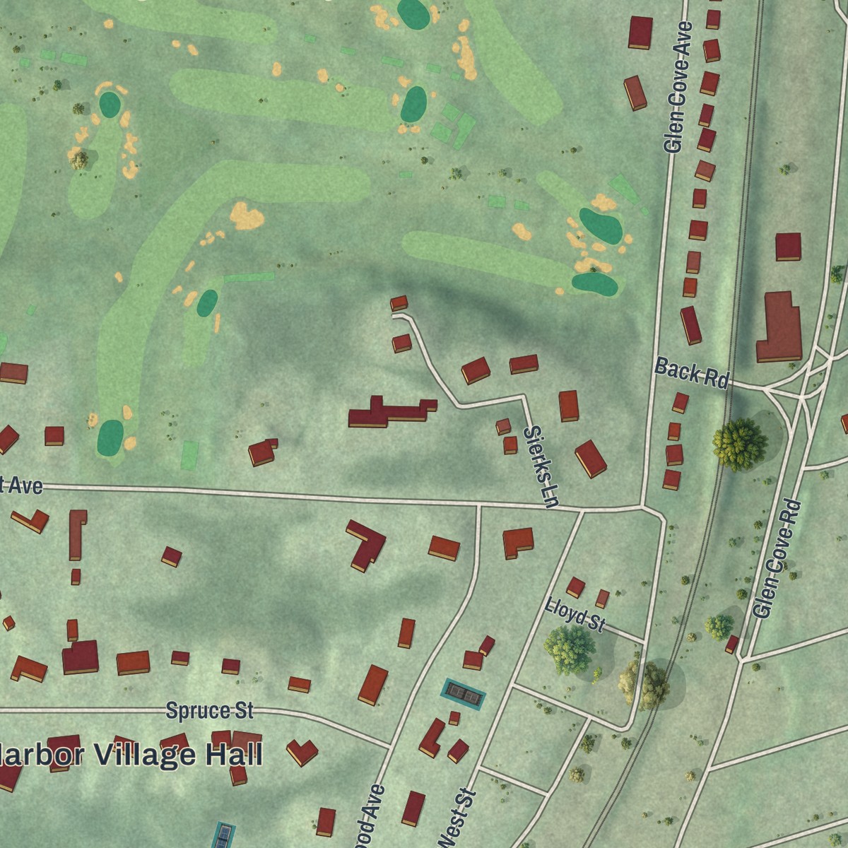 Second close-up of the map of Roslyn Harbor, New York print showing more streets and buildings