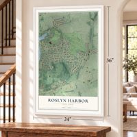 Roslyn Harbor, New York map, 24 x 36 inch print in a white frame by a staircase