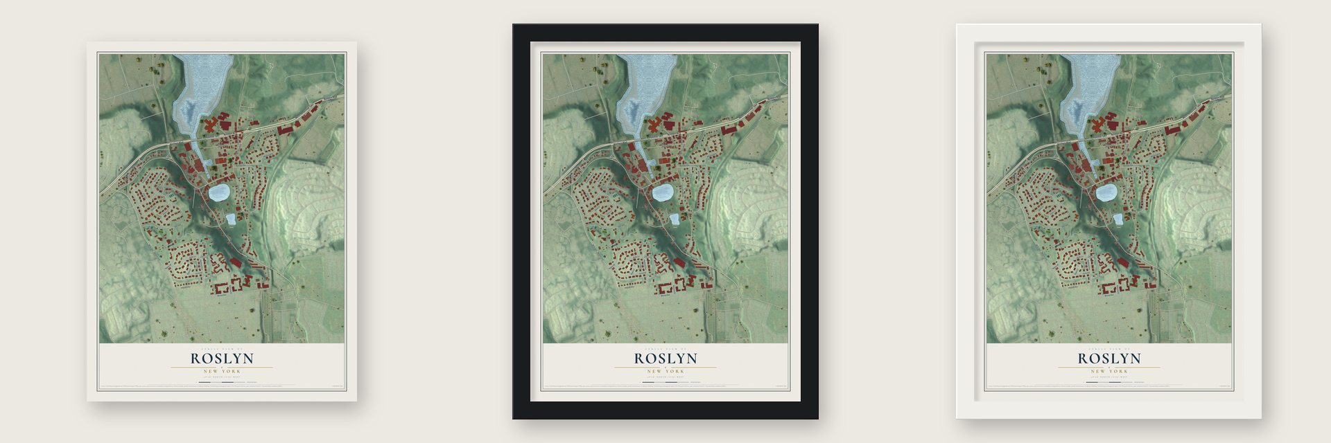 Roslyn, New York map unframed, in a black wood frame and in a white wood frame