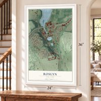 Roslyn, New York map, 24 x 36 inch print in a white frame by a staircase