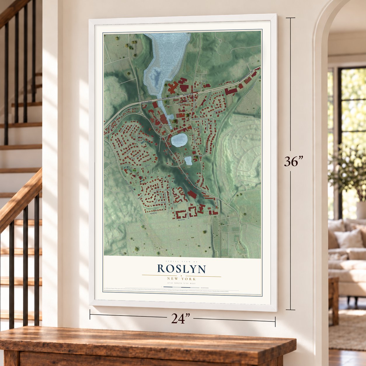 Roslyn, New York map, 24 x 36 inch print in a white frame by a staircase