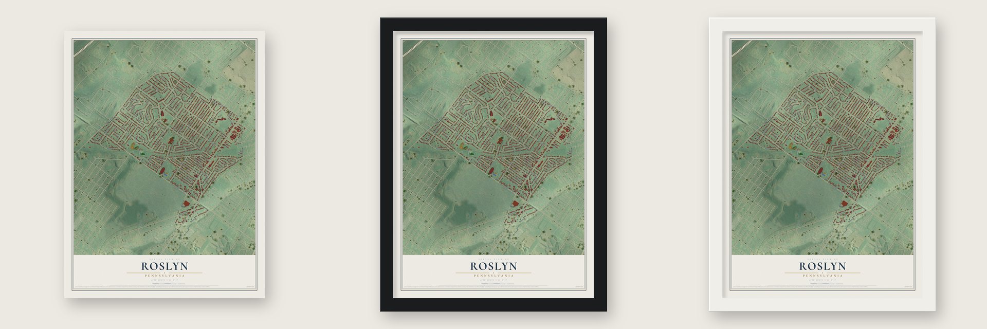 Roslyn, Pennsylvania map unframed, in a black wood frame and in a white wood frame