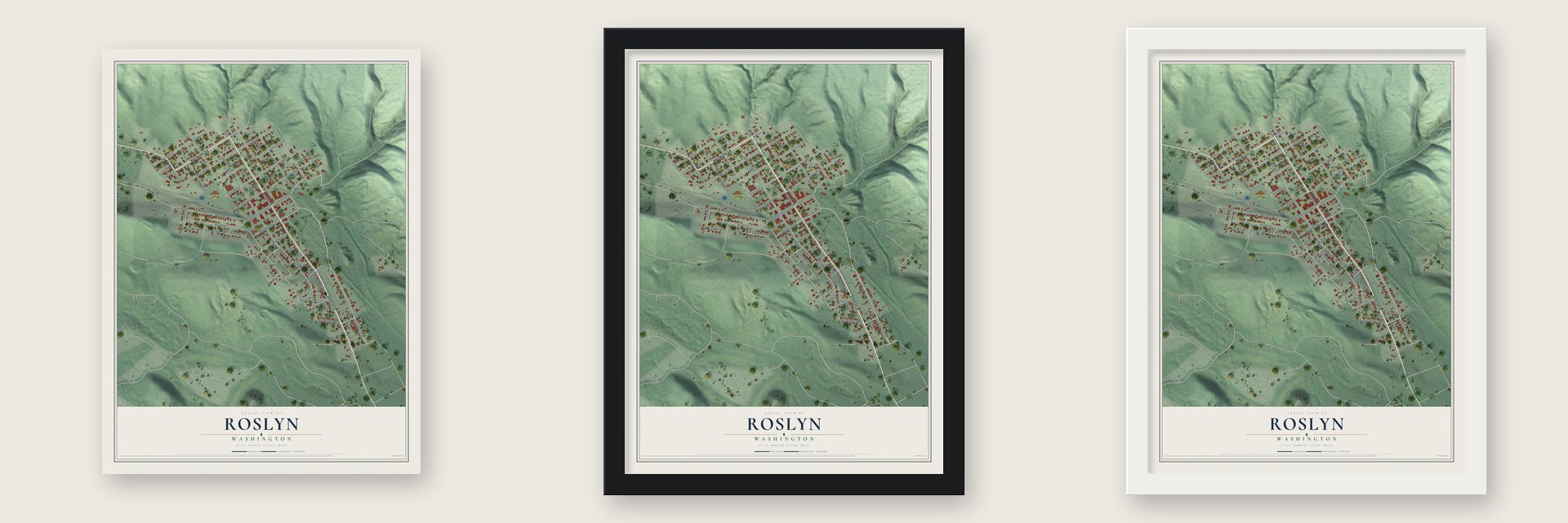 Roslyn, Washington map unframed, in a black wood frame and in a white wood frame