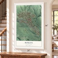 Roslyn, Washington map, 24 x 36 inch print in a white frame by a staircase