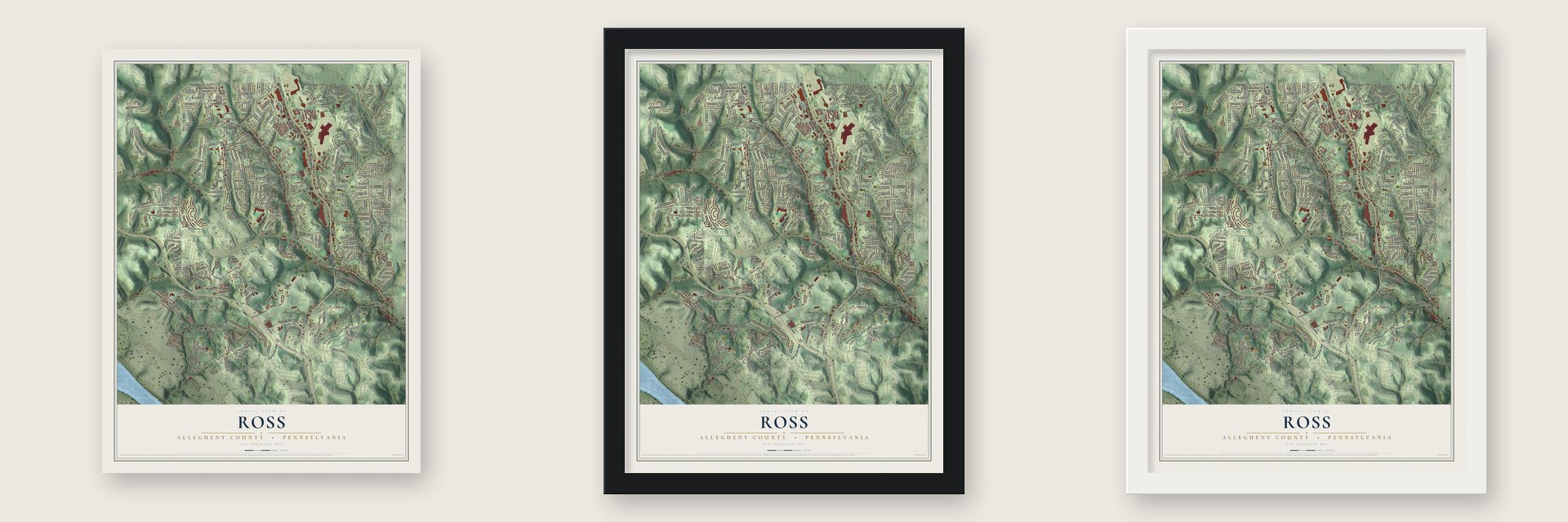 Ross, Allegheny County, Pennsylvania map unframed, in a black wood frame and in a white wood frame