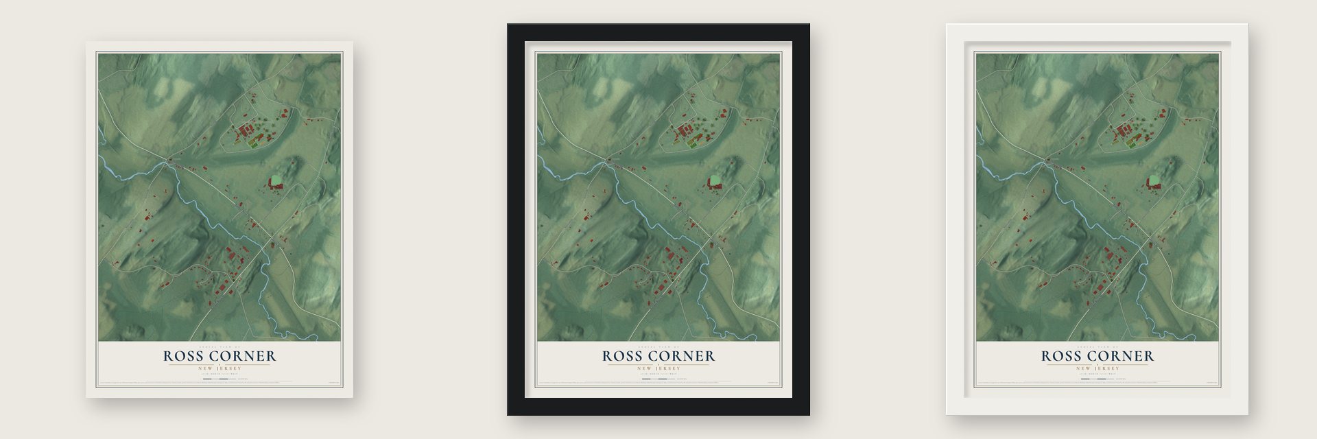Ross Corner, New Jersey map unframed, in a black wood frame and in a white wood frame