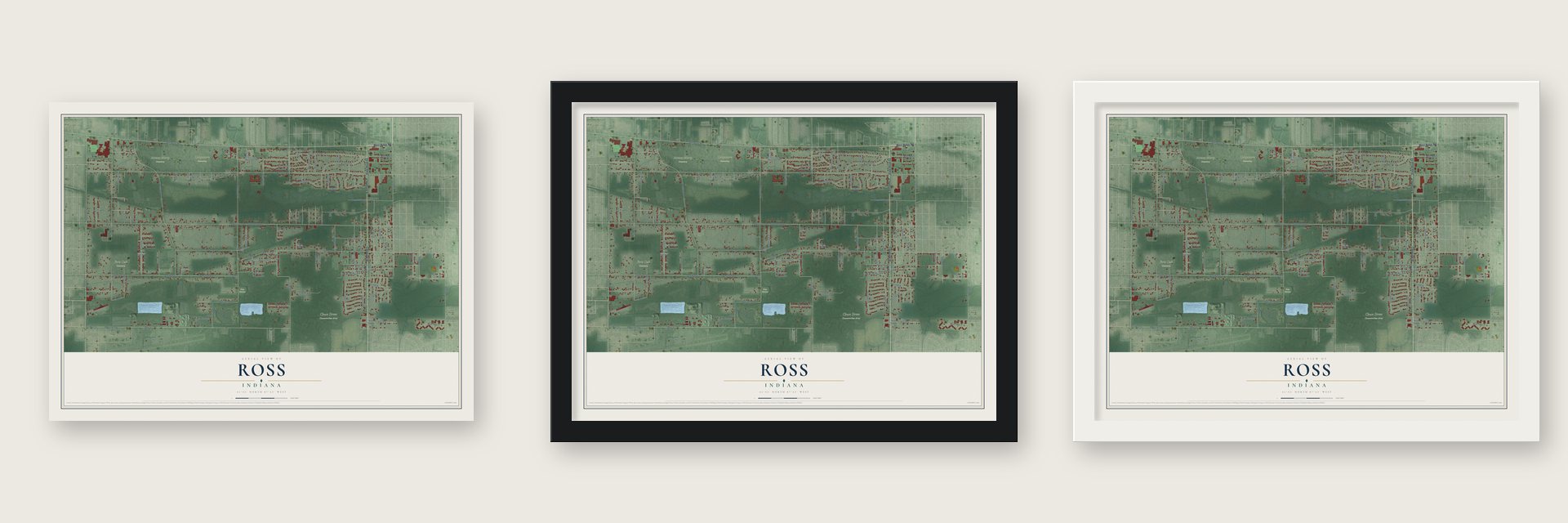 Ross, Indiana map unframed, in a black wood frame and in a white wood frame