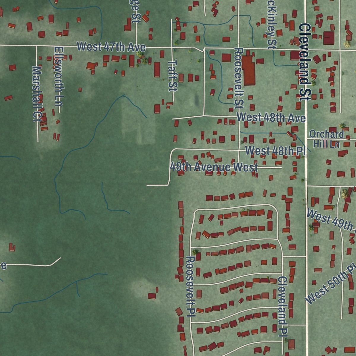 Second close-up of the map of Ross, Indiana print showing more streets and buildings
