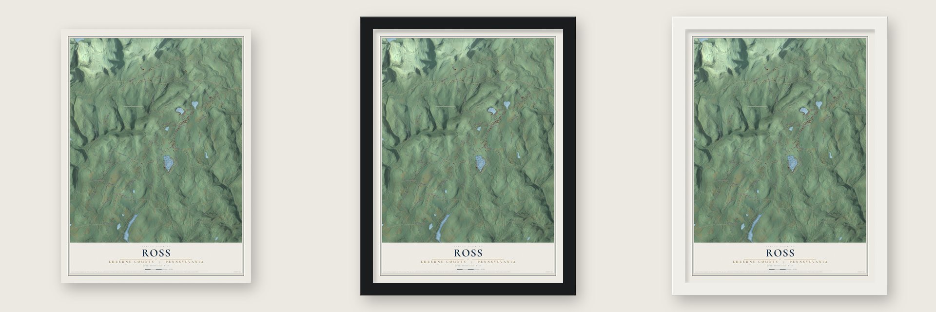 Ross, Luzerne County, Pennsylvania map unframed, in a black wood frame and in a white wood frame