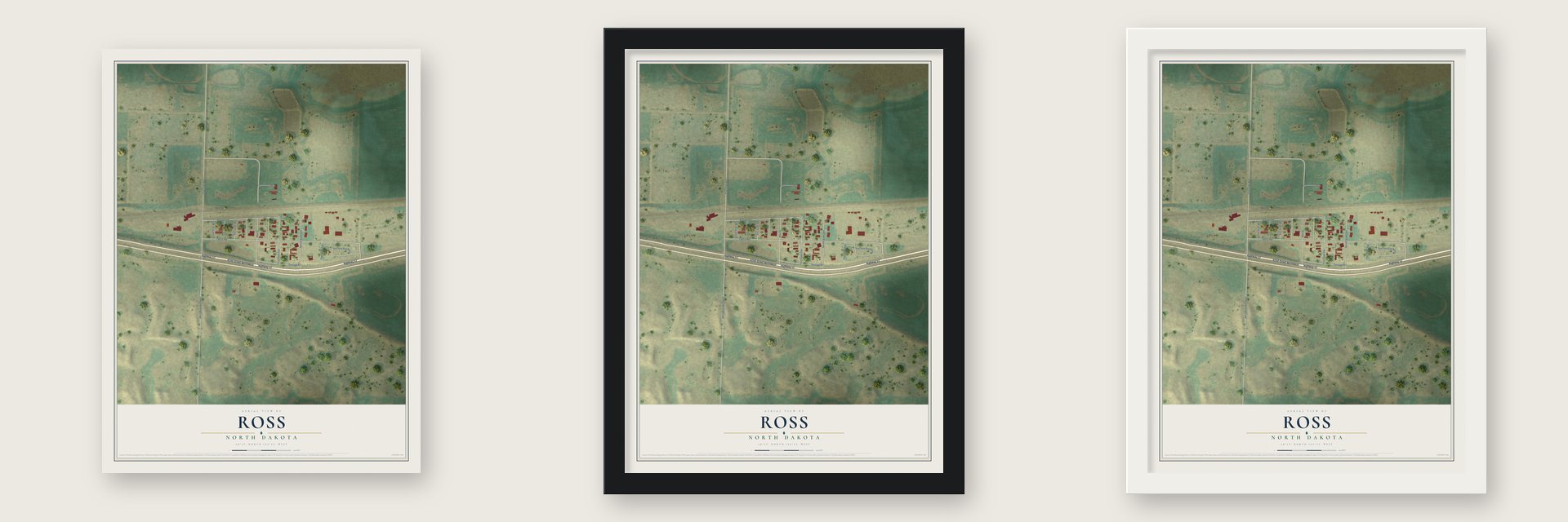 Ross, North Dakota map unframed, in a black wood frame and in a white wood frame
